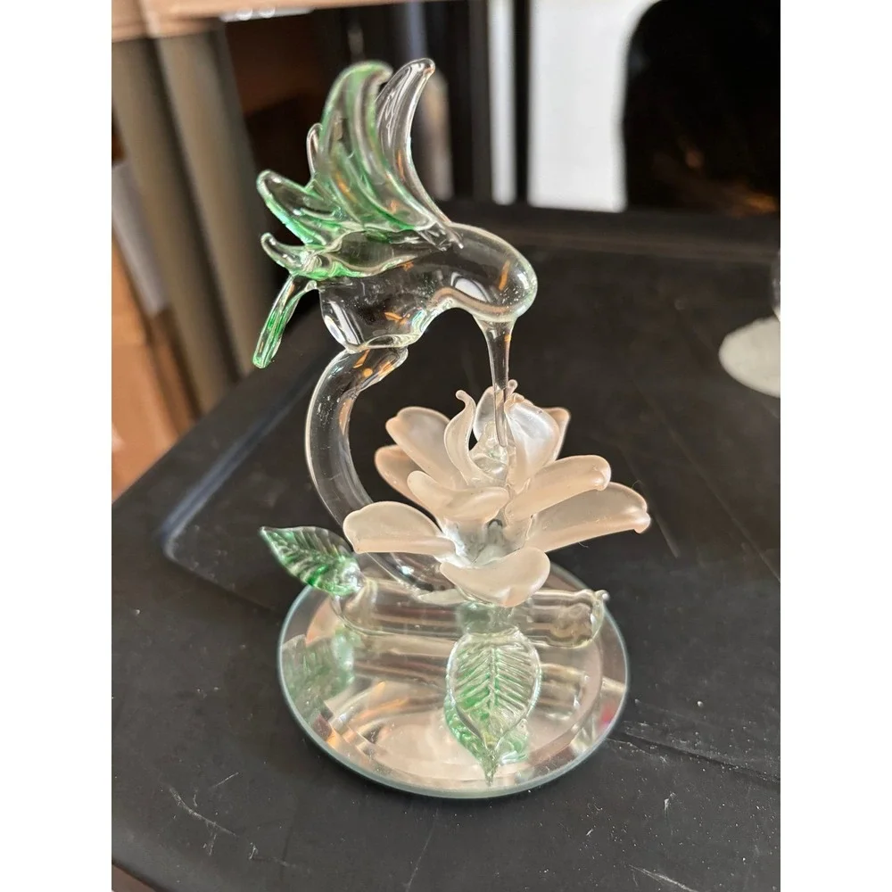 Glass Hummingbird Figurine w/ Flower Frosted Clear Mirror Base Art Glass Vintage